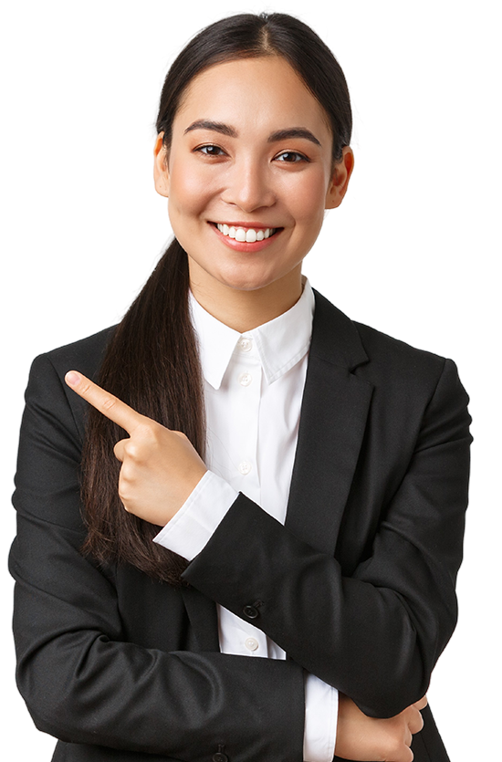 Azjatycka kobieta biznesu wskazująca na palec na stronie internetowej.