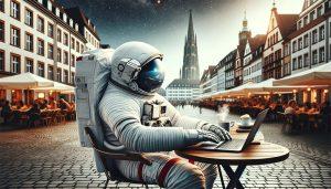 Astronauta przy stole projektujący strony internetowe w Bonn