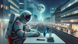 Astronauta pracujący na laptopie w mieście, tworzący strony internetowe dla KB WebStudio.